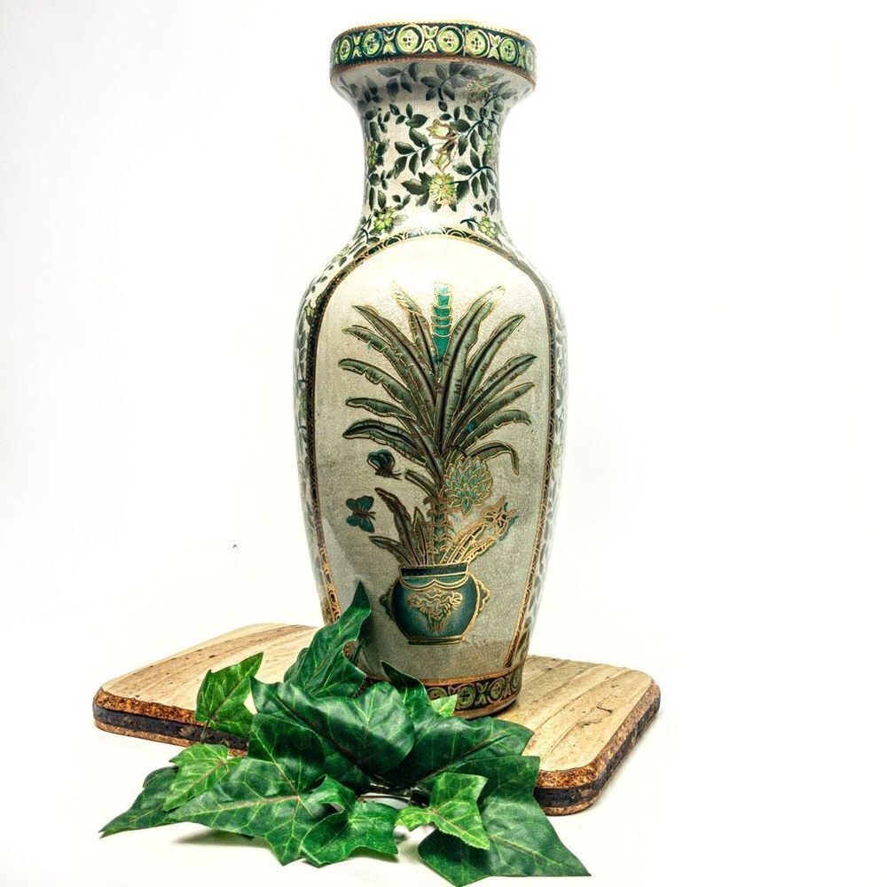 Porcelain Vase Green/Gold Botanical Motif Hand Painted Gilt Accent China - Picture 2 of 13
